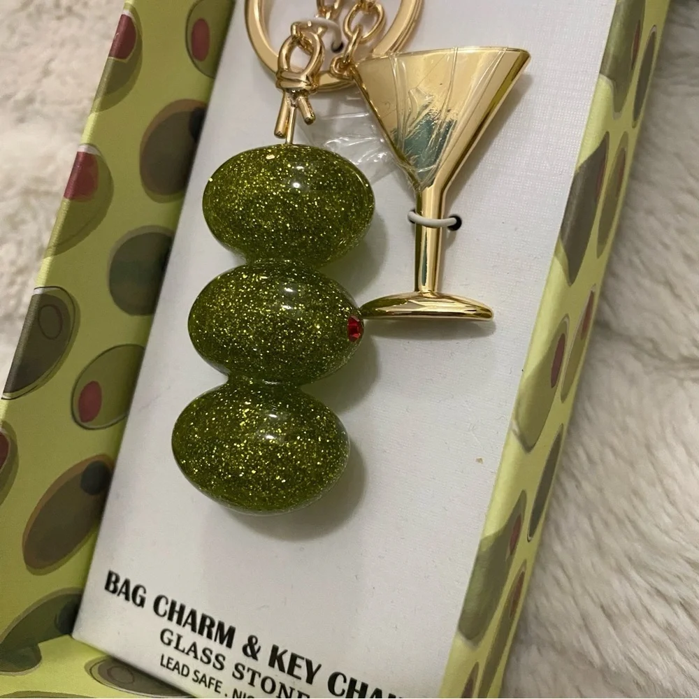 Gold and Green Martini and Glass Stones Olives Keychain Purse Charm